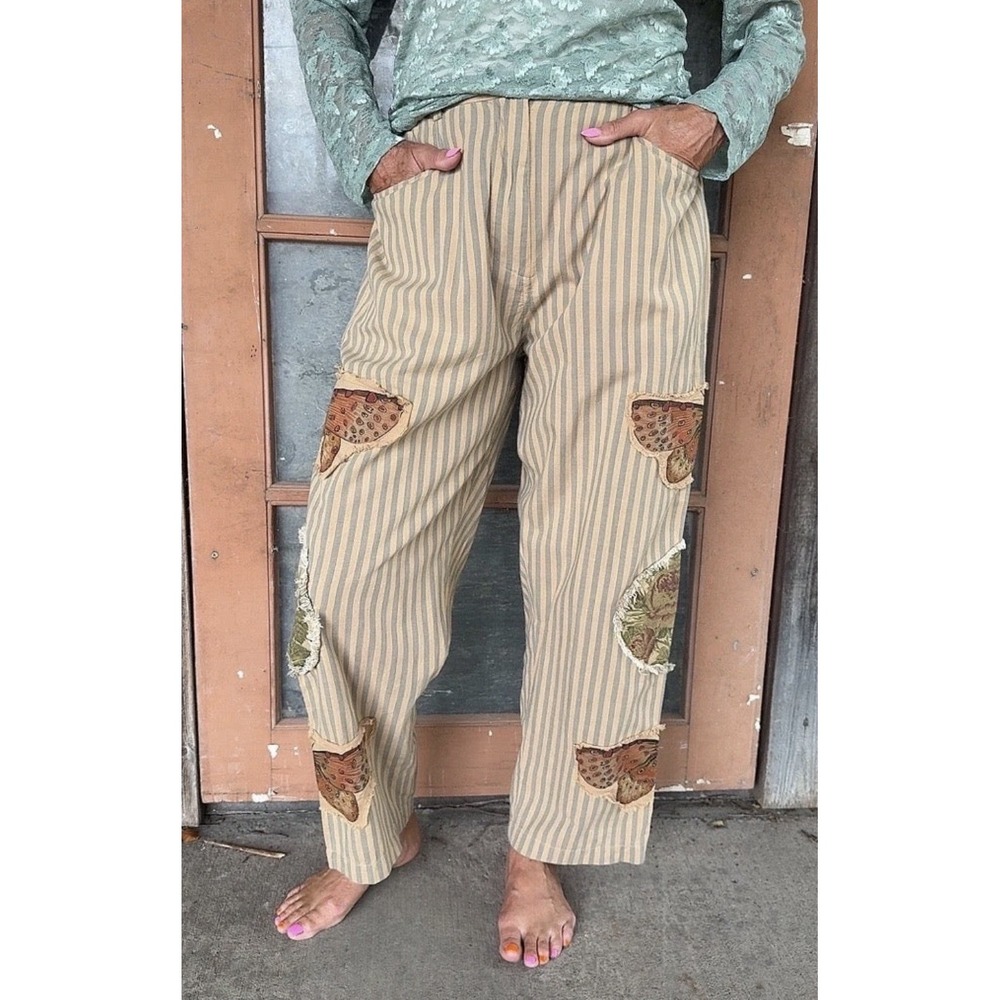 A Rare Bird Butterfly Stripe Pants Women's Size Medium Large Boho Appliqué NWT
